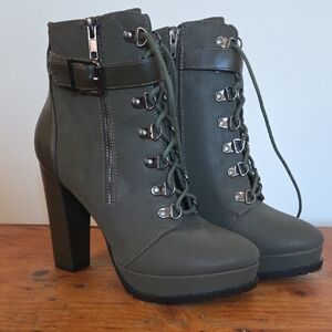 Shoe Dazzle Olive Heeled Boots with Buckle